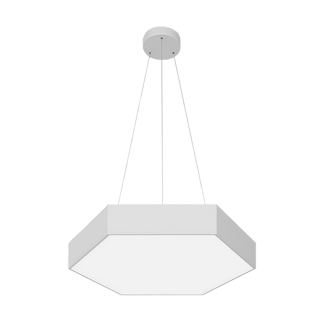 Geometric modern chandelier with sleek white and black panels, creating a minimalist yet elegant lighting effect.