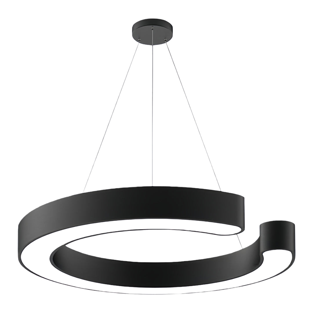 Minimalist geometric pendant light displaying circular halo design with black finish