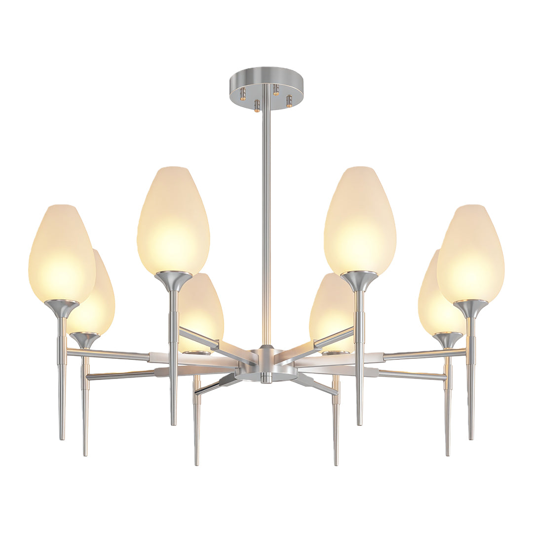 Minimalist glass modern chandelier with glass shade chandelier styling in brushed nickel with clean eight-light design.