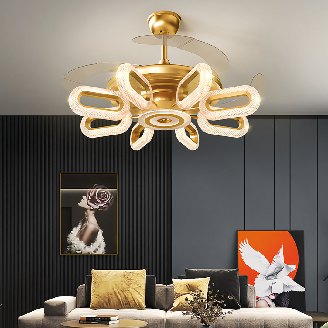Gold ceiling fans with lights, highlighting a minimalist and luxurious design for sophisticated spaces