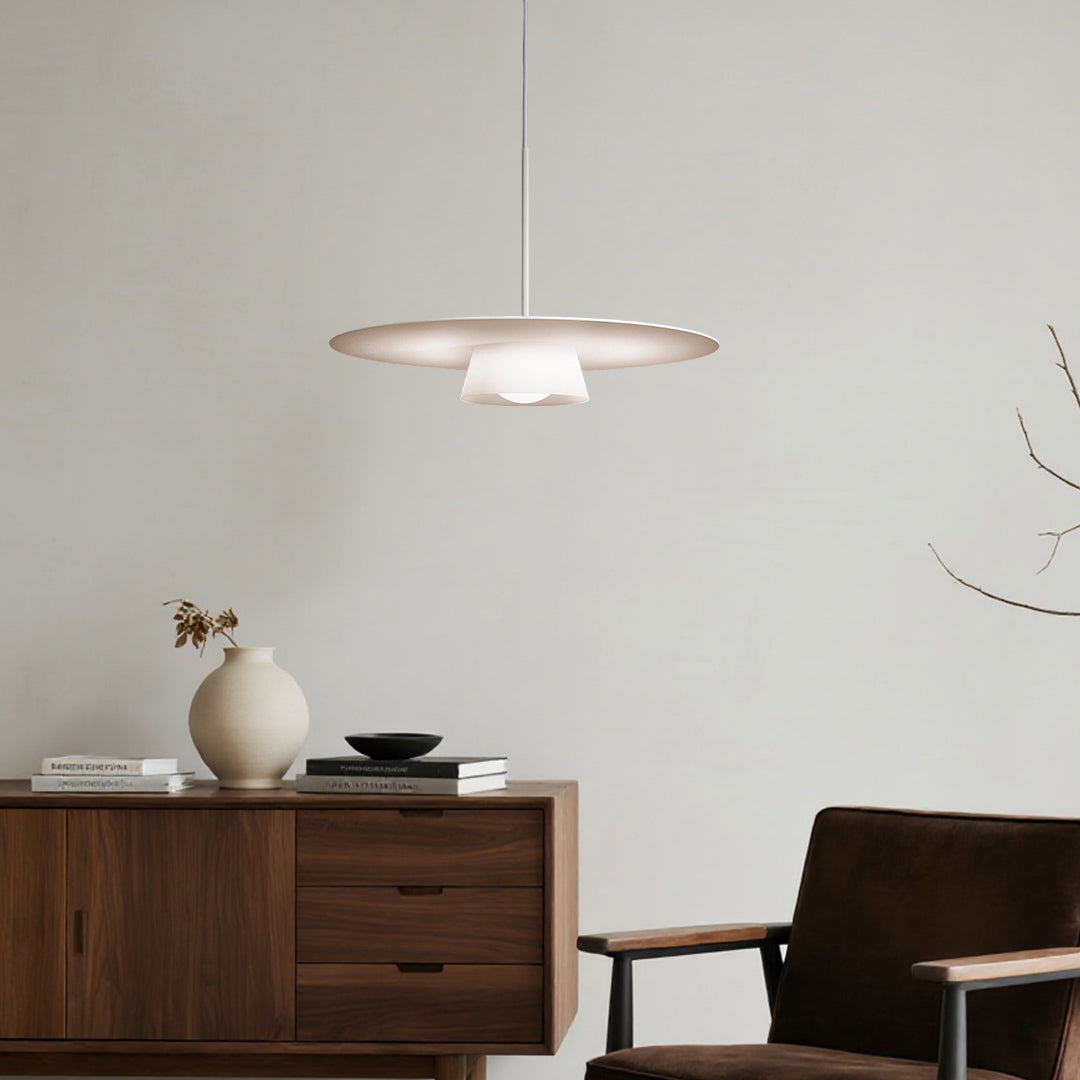 Minimalist island pendant light fixtures enhancing Scandinavian-style dining room with wood furniture