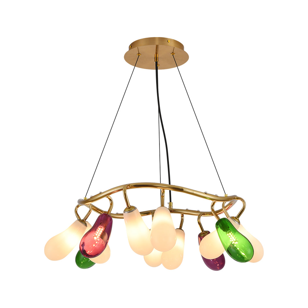 Minimalist version of large chandelier with extended horizontal frame and colorful glass accents.