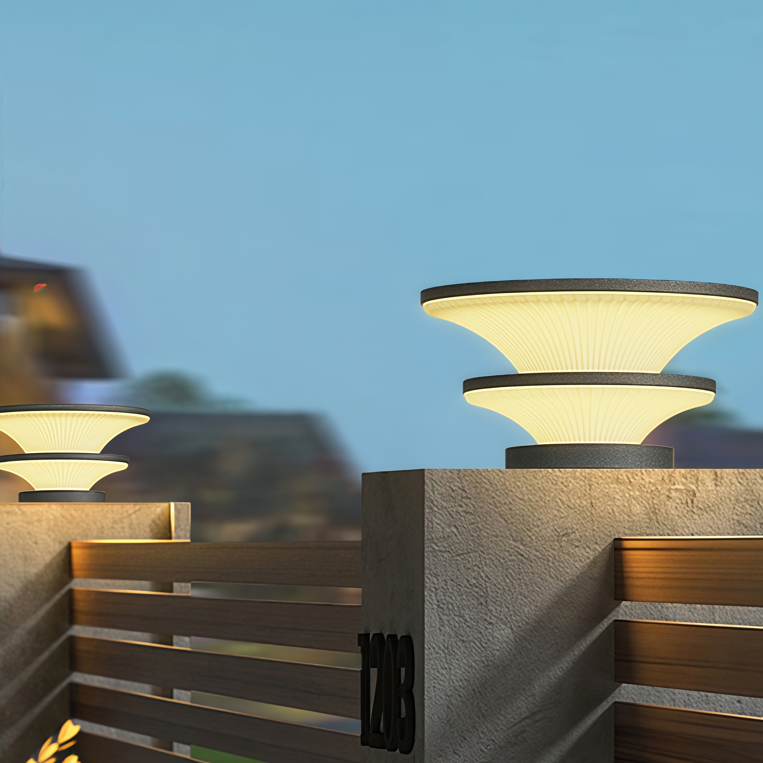 Minimalist layered USB rechargeable table lamp with patio pillar design featuring multi-tier construction