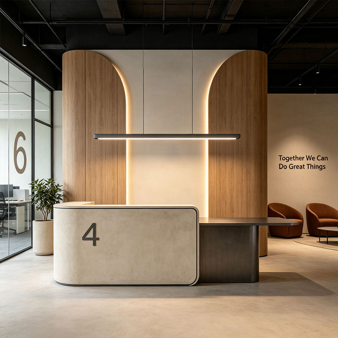 Minimalist LED linear suspension light enhancing a modern reception desk interior.