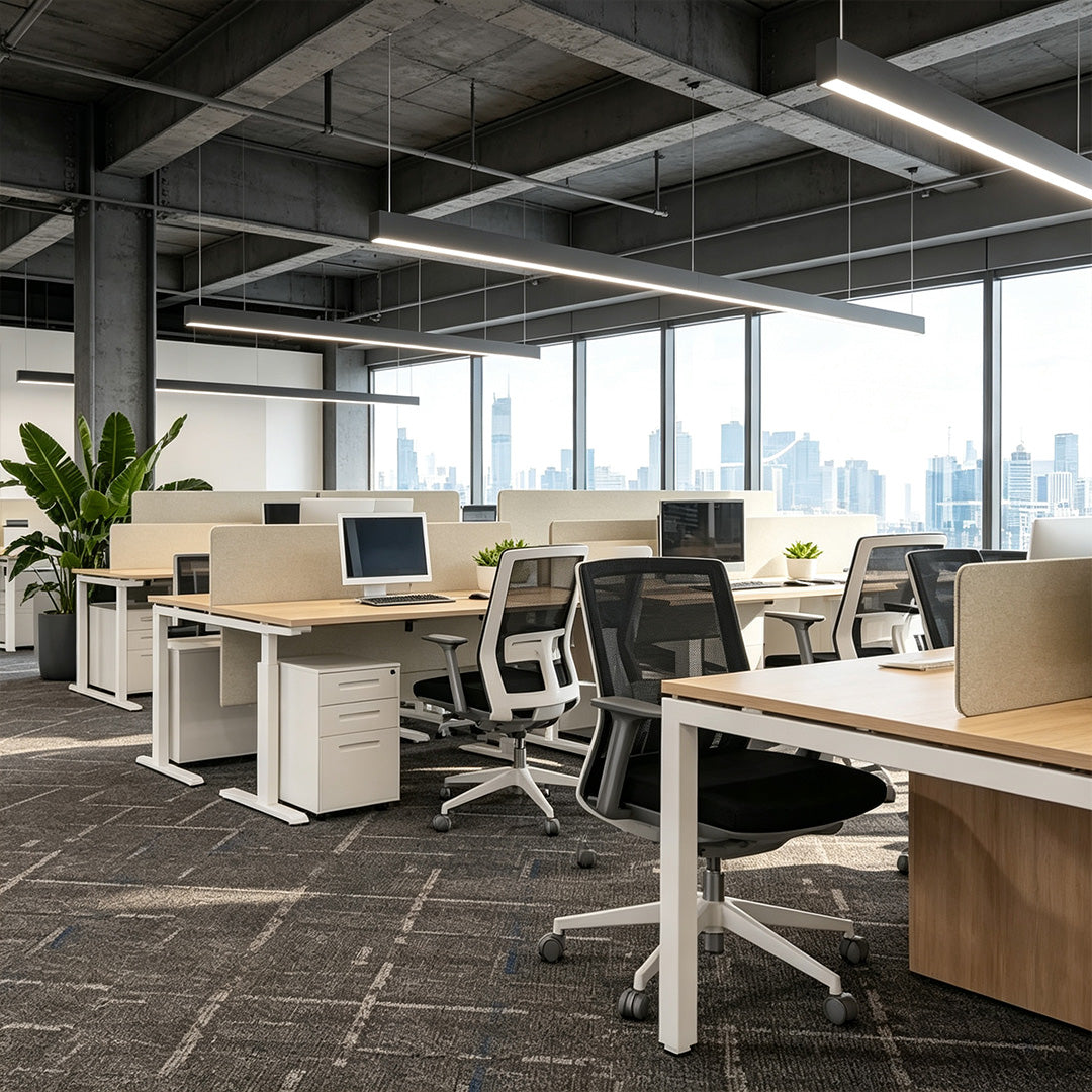 Minimalist linear pendant light fixtures illuminating a modern open office workspace.