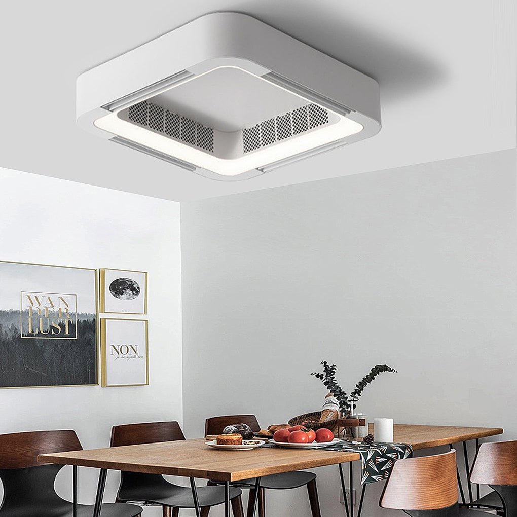 Low profile bladeless ceiling fan with light, mounted above dining table for minimalist and elegant lighting.