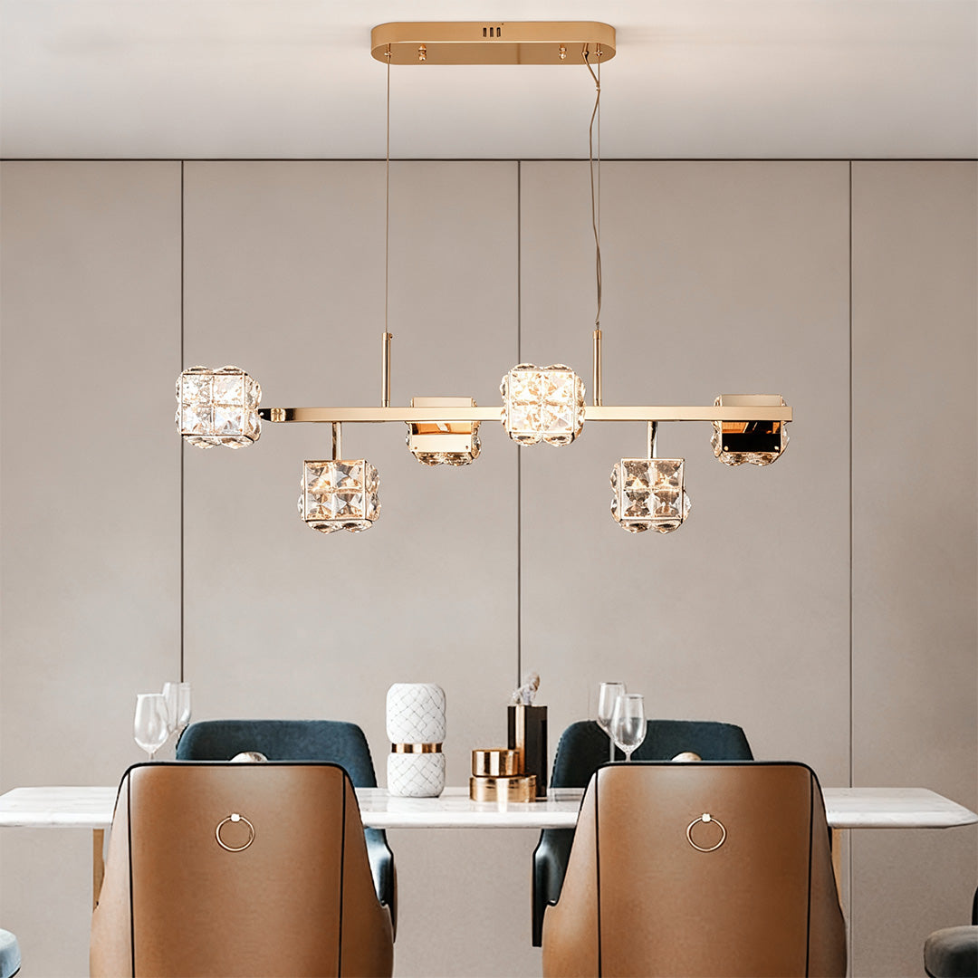 Minimalist luxury chandeliers crystal with glass shade chandelier aesthetic in clean linear design illuminating modern dining area.