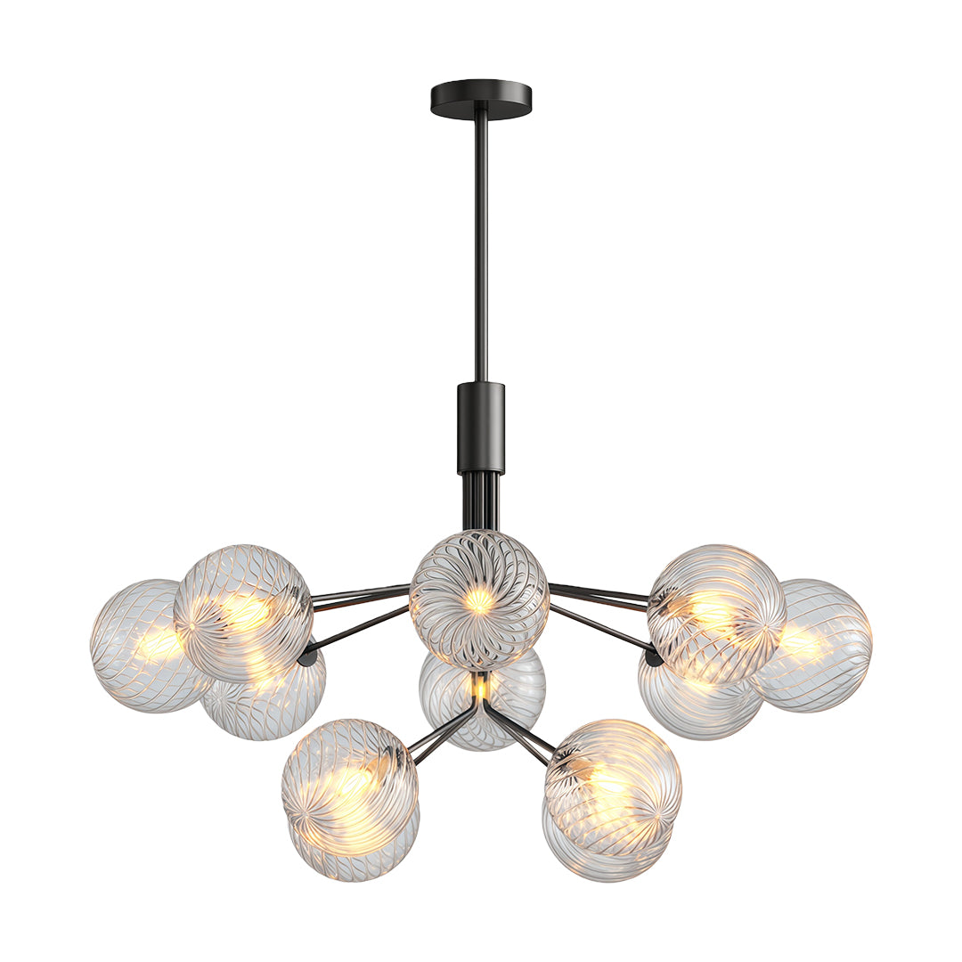 Minimalist luxury modern chandeliers with glass shade chandelier styling in matte black providing dramatic focal point lighting.