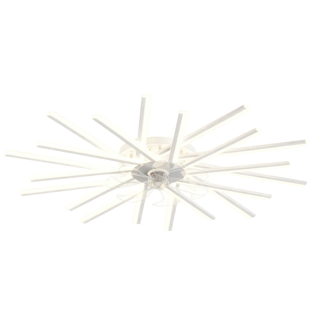Minimalist metal ceiling fan with light displaying pale white radiating blades and chrome center