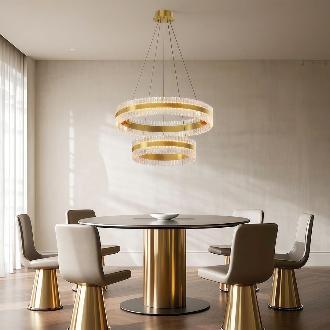 Minimalist modern circular chandelier with dual rings, illuminating a dining space with elegance.