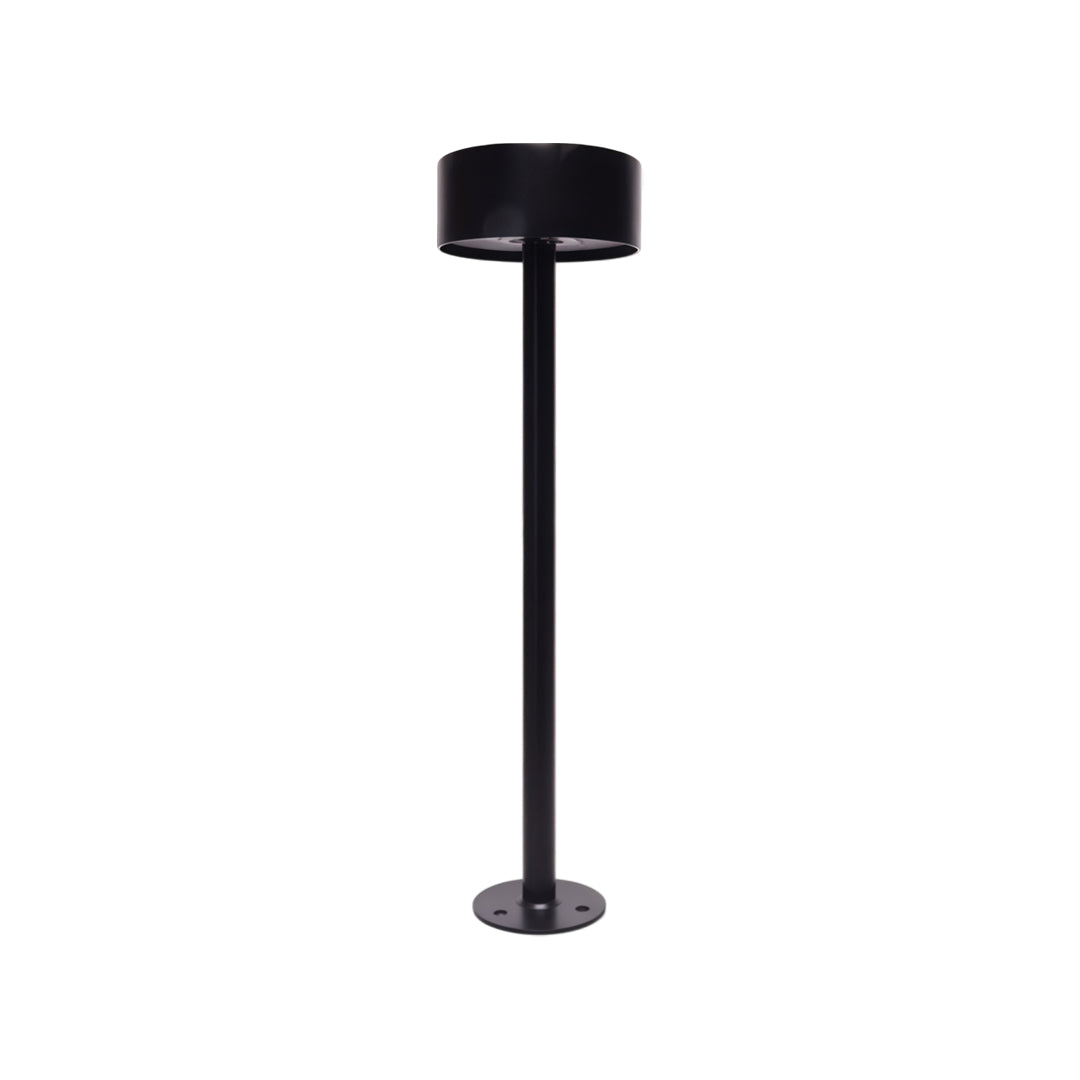 Minimalist modern LED path lights beside walkway and shrubs with soft warm white illumination.