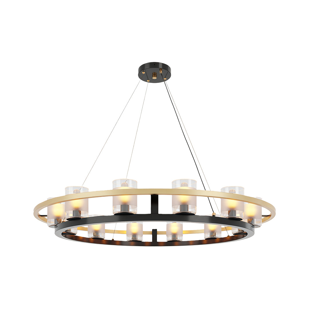 Minimalist modern luxury chandeliers with a circular design, hanging in a modern interior setting.