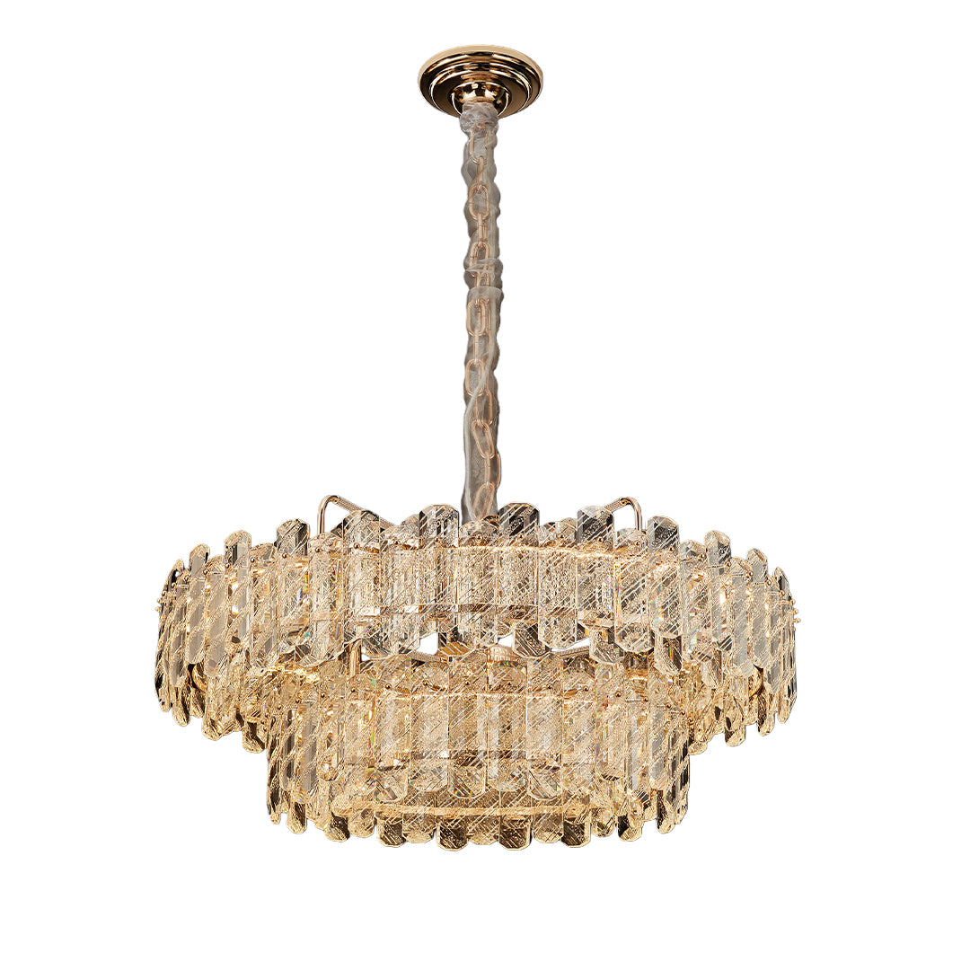 Minimalist nordic chandelier featuring glass shade chandelier styling in classic round drum with multi-layered faceted crystals.