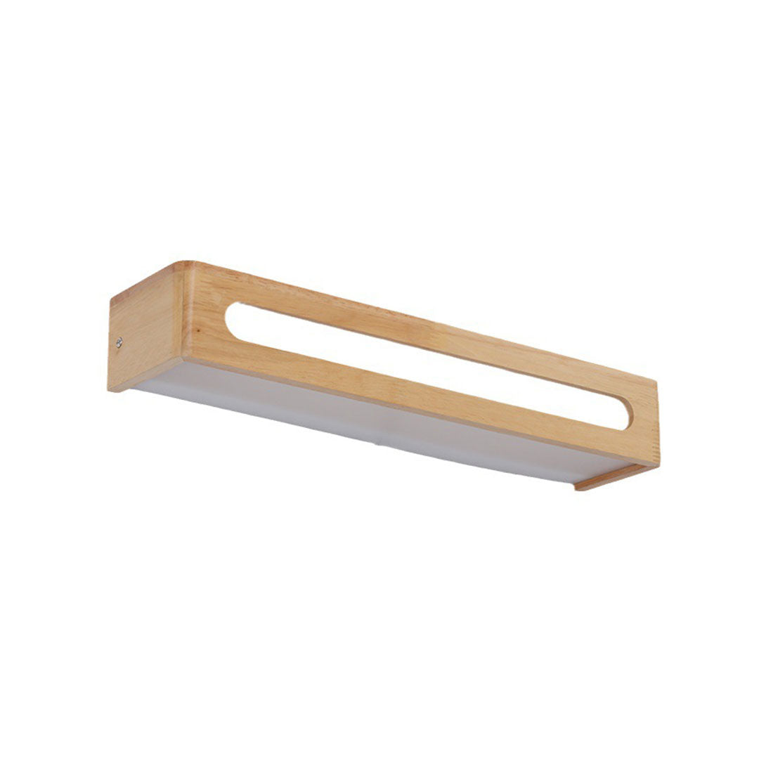 Minimalist oak wood vanity mirror light for modern bathroom decor.