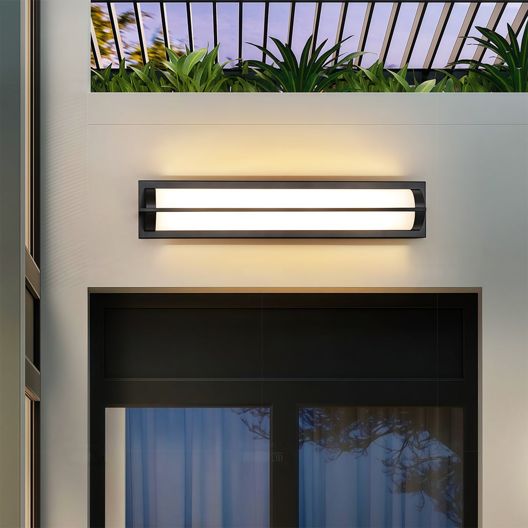 Minimalist outdoor wall sconces black featuring glass shade chandelier design providing uplighting and downlighting on modern facade.
