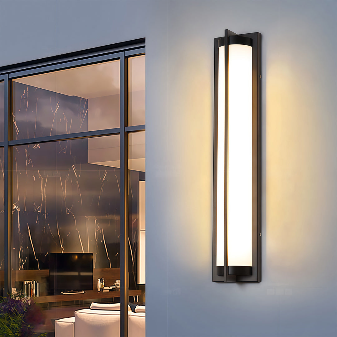 Minimalist outdoor wall sconces black featuring glass shade chandelier design providing uplighting and downlighting on modern facade.