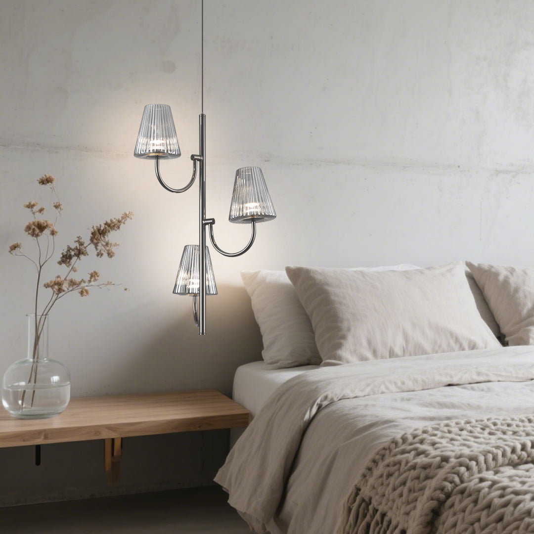 Sophisticated bedroom lighting featuring minimalist-pendant light with pleated shade in dark contemporary setting