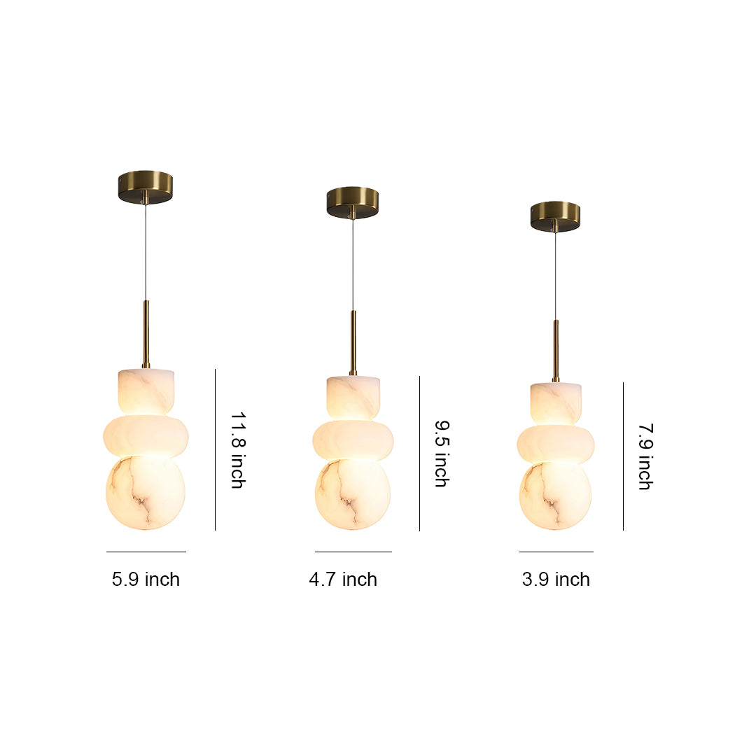 Minimalist pendant light with glass shade chandelier inspired design showing three sizes in stacked alabaster disc form with dimensions.