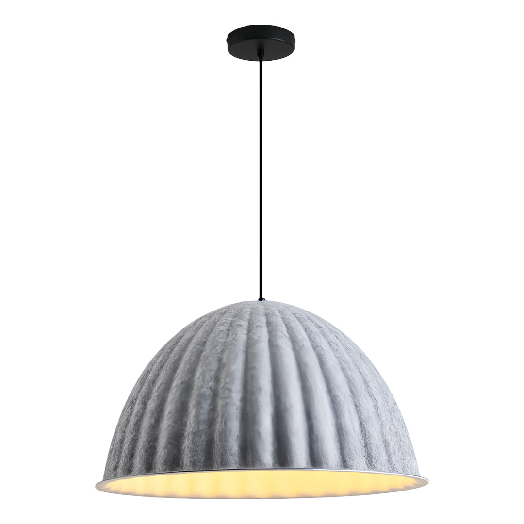 Minimalist product photography of a single gray pendant light showcasing its wide diameter and acoustic felt material.