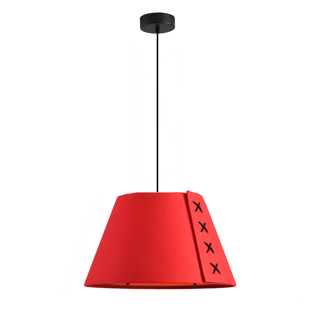 Close-up view of the minimalist red hanging pendant light with black cord and stitching 