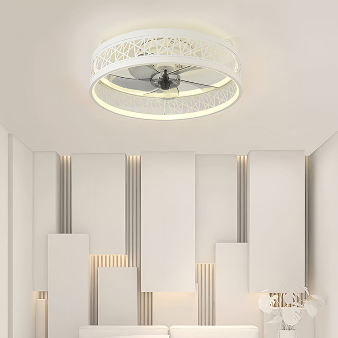 Minimalist round ceiling fan with light in white providing clean airflow in modern dining area