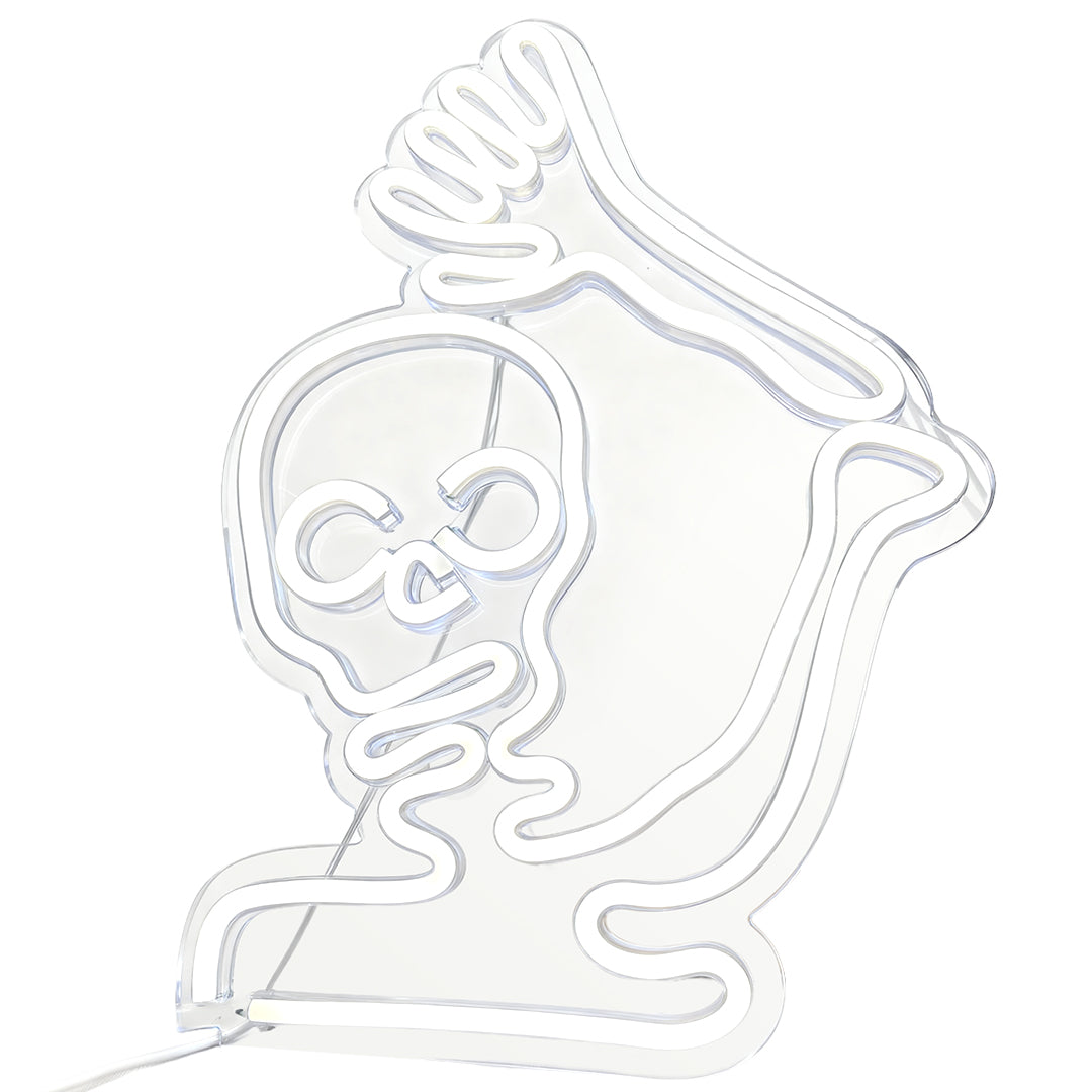 Minimalist white skeleton and ghost halloween neon lights sign for easy wall mounting or window display.