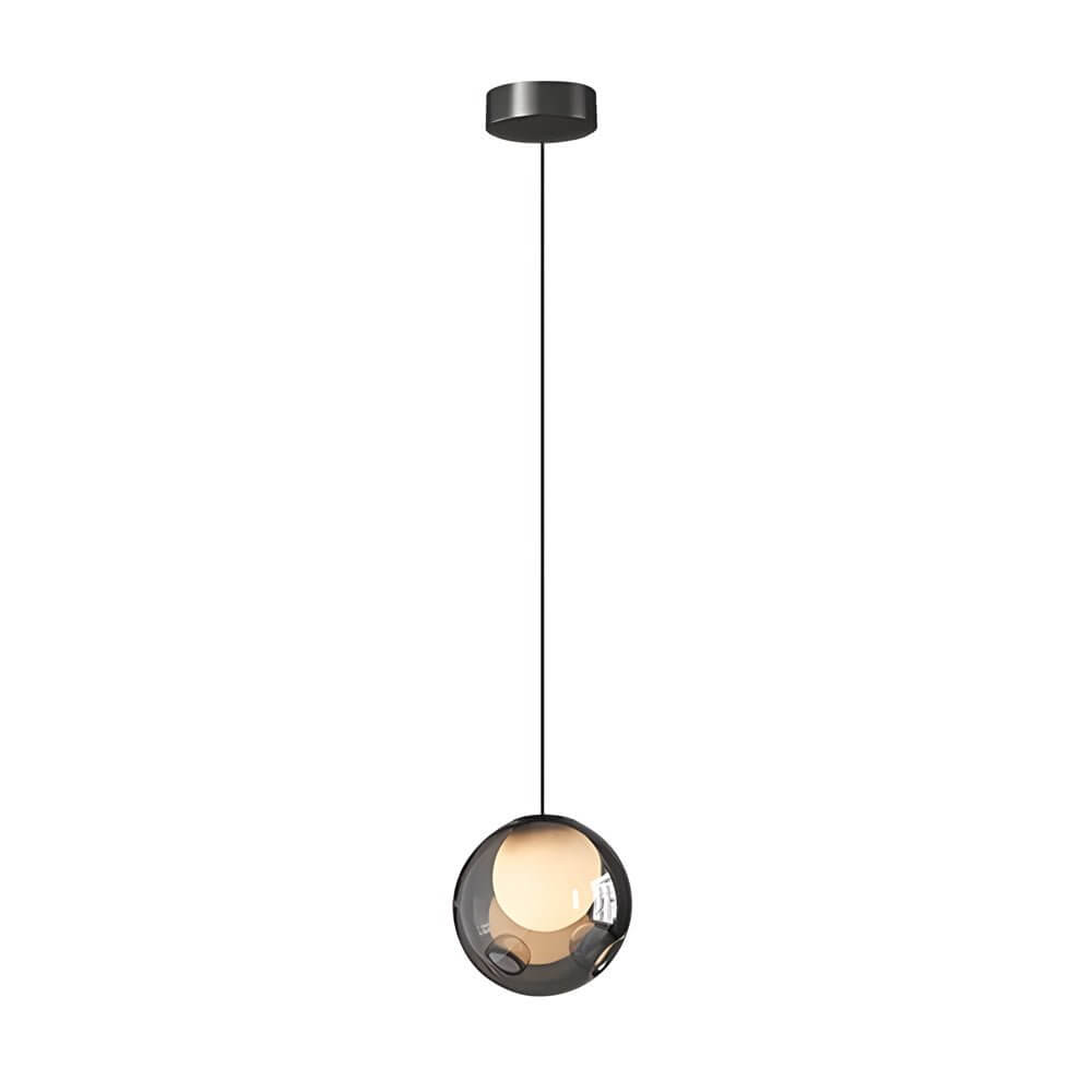 Minimalist smoked glass pendant light featuring a single orb on a professional white background.