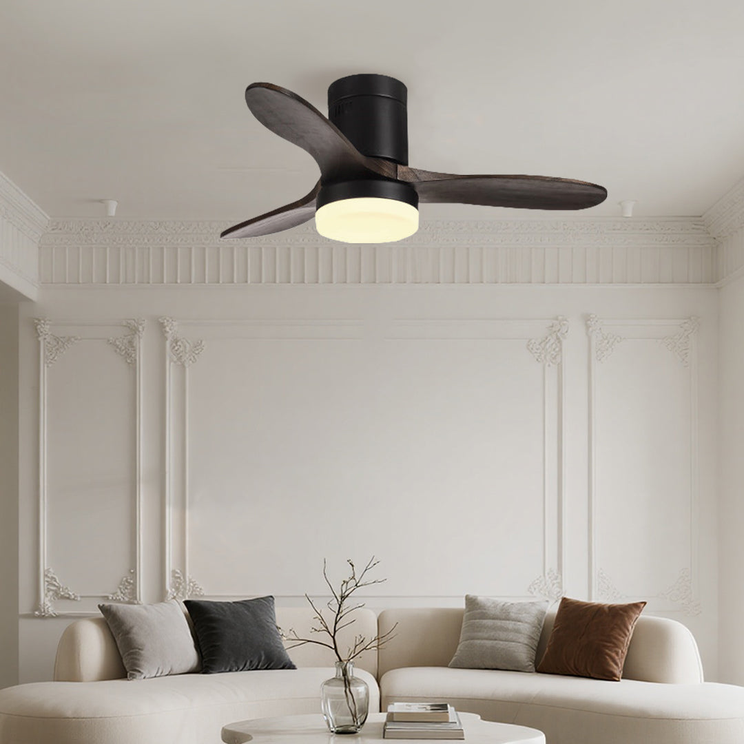 Minimalist three blade wooden ceiling fan with light in bright contemporary living room space