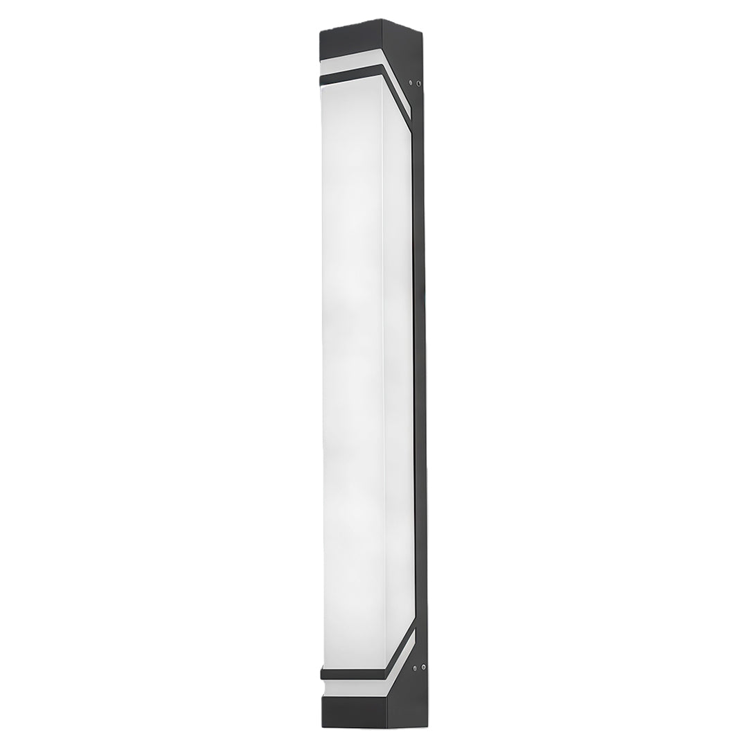 Minimalist wall mounted exterior lights featuring glass shade chandelier design in elongated angular profile with LED strip.