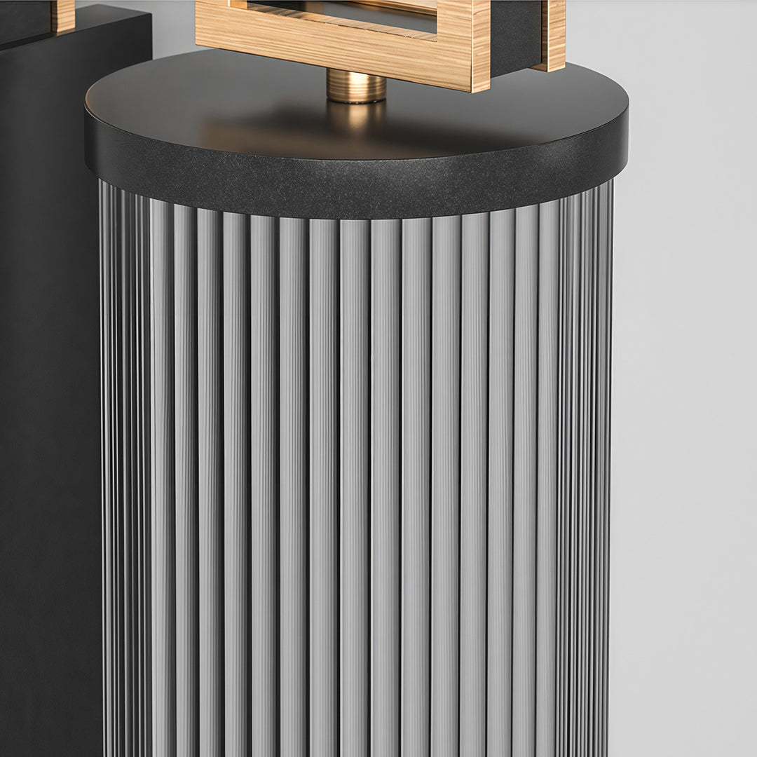 Minimalist wall mounted linear lighting featuring glass shade chandelier design in vertical and horizontal arrangements on textured wall.