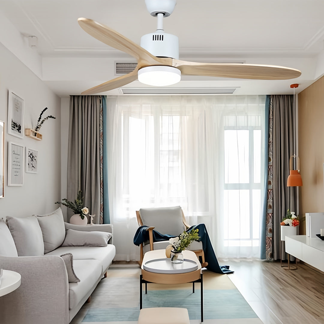 Minimalist wooden ceiling fan with light in bright contemporary room with clean design