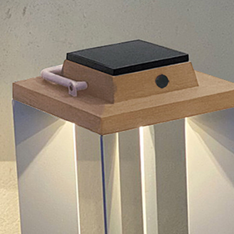 Minimalist wooden solar light with black solar panel top and clean geometric design