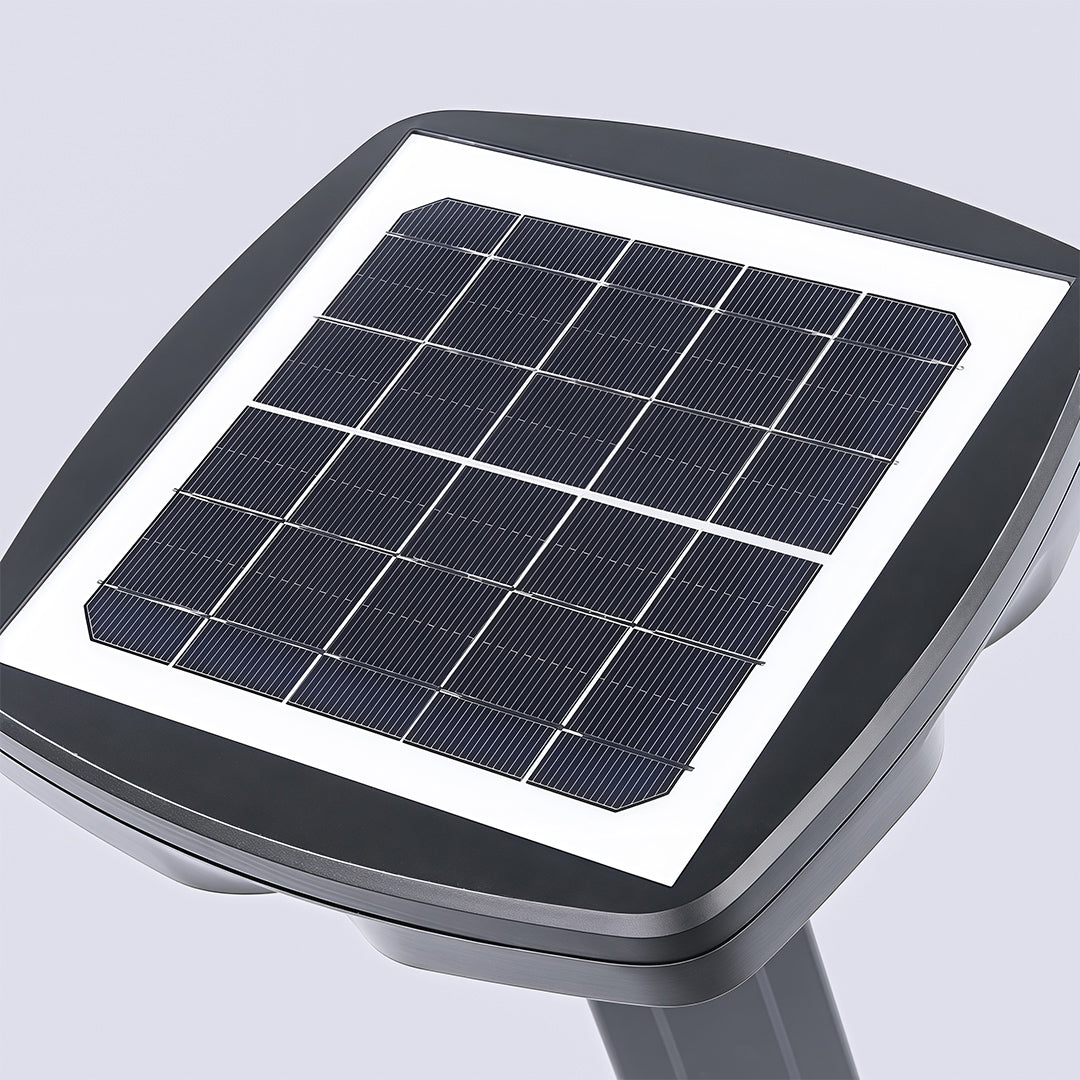 Minimalistic black wall-mounted light providing ambient lighting around the yard.