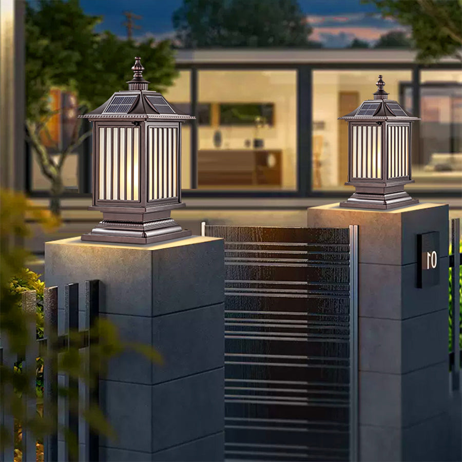 Mission-style post light with geometric glass panels and craftsman-inspired metalwork design