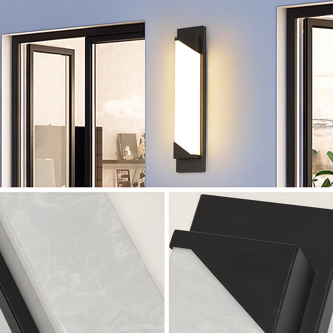 Mixed application view showing linear wall light outdoor with glass shade chandelier influence in various interior and exterior settings.