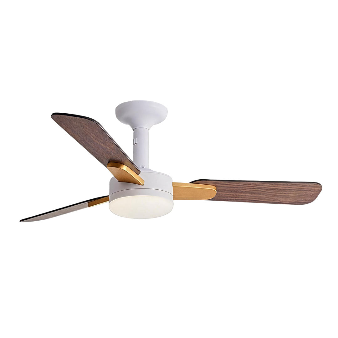 Copper ceiling fan with light featuring mixed white and wood blades with a modern round LED.
