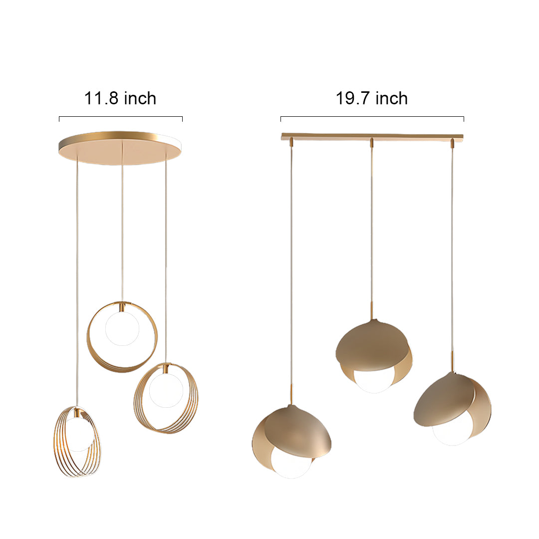 Mixed design 3 bulb pendant light featuring circular and dome shades with brass finish