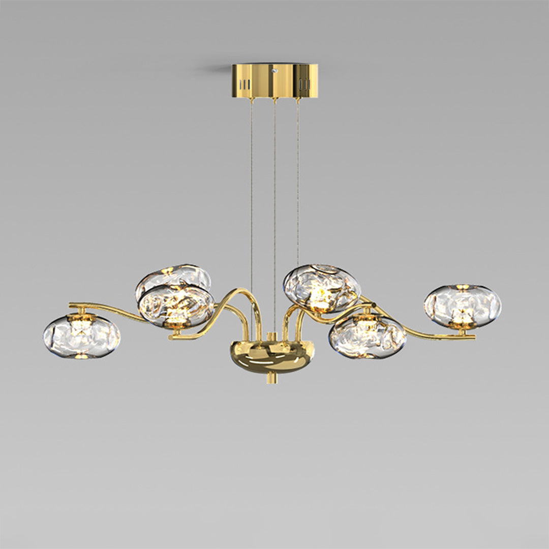 Premium modern LED chandelier with mixed metal finishes and artisanal glass shades against neutral background