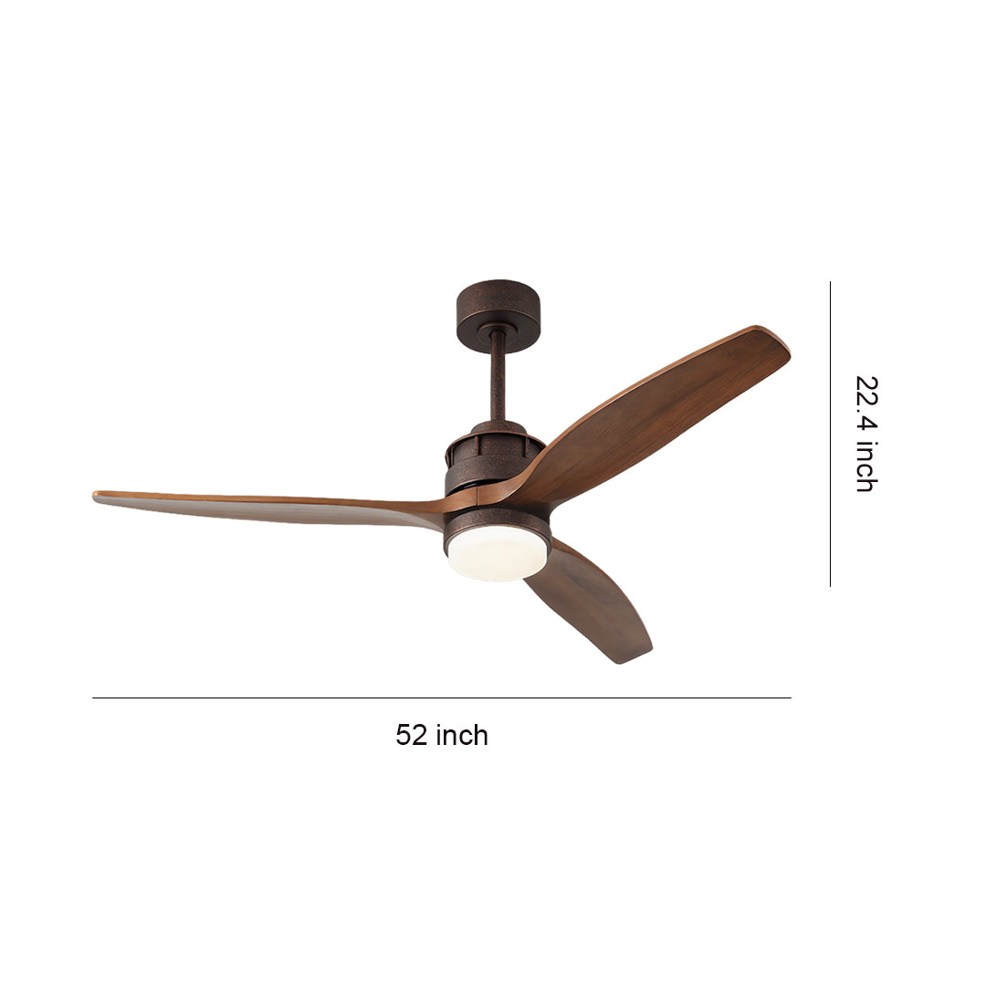 Modern wooden 3-blade ceiling fans with light in dark bronze finish and natural wood blades
