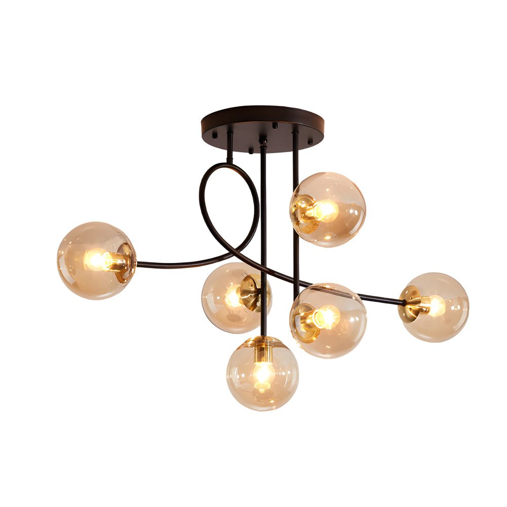 Modern 6 - Light Gold/Black Semi - Flush Mount Chandelier with Glass Shade