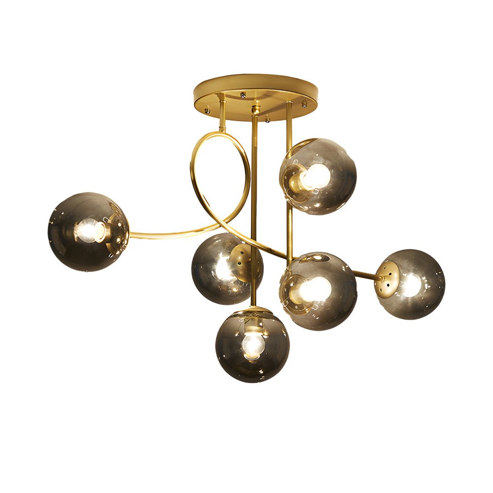 Modern 6 - Light Gold/Black Semi - Flush Mount Chandelier with Glass Shade