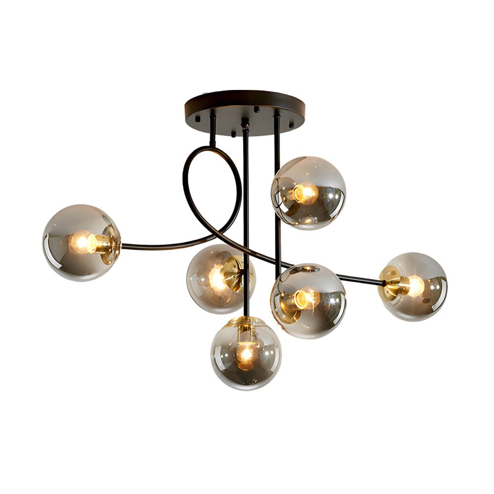 Modern 6 - Light Gold/Black Semi - Flush Mount Chandelier with Glass Shade