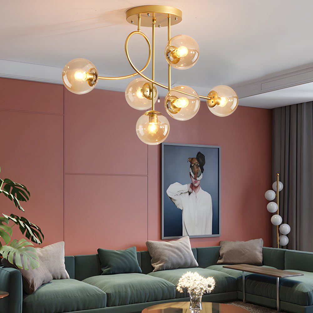 Modern 6 - Light Gold/Black Semi - Flush Mount Chandelier with Glass Shade