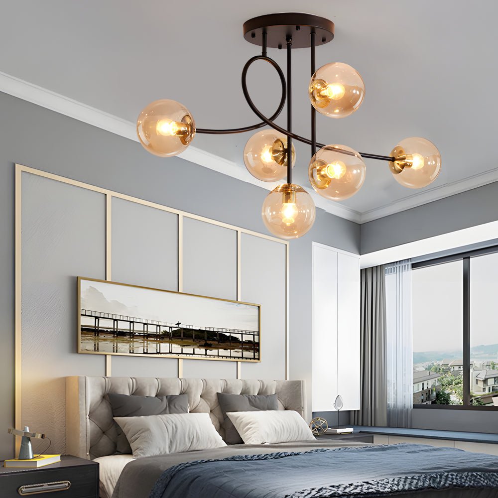 Modern 6 - Light Gold/Black Semi - Flush Mount Chandelier with Glass Shade