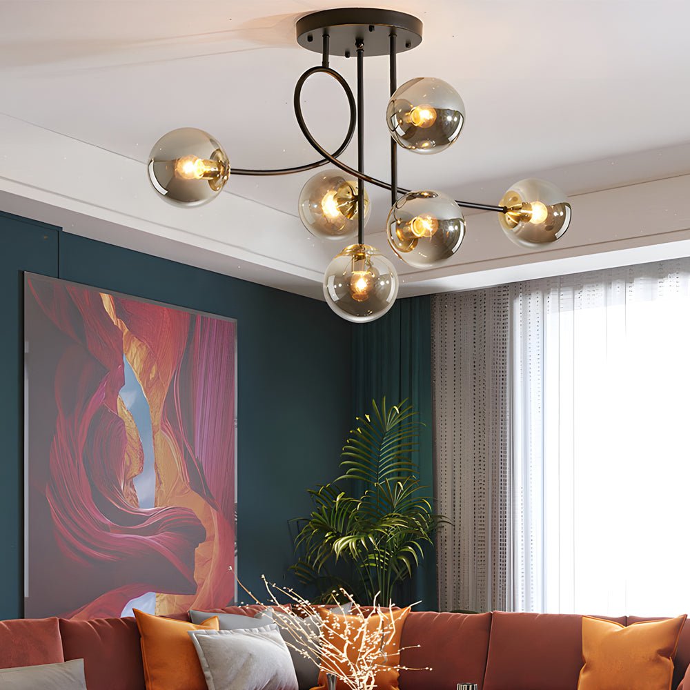 Modern 6 - Light Gold/Black Semi - Flush Mount Chandelier with Glass Shade