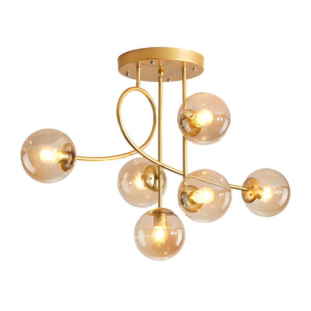Modern 6 - Light Gold/Black Semi - Flush Mount Chandelier with Glass Shade
