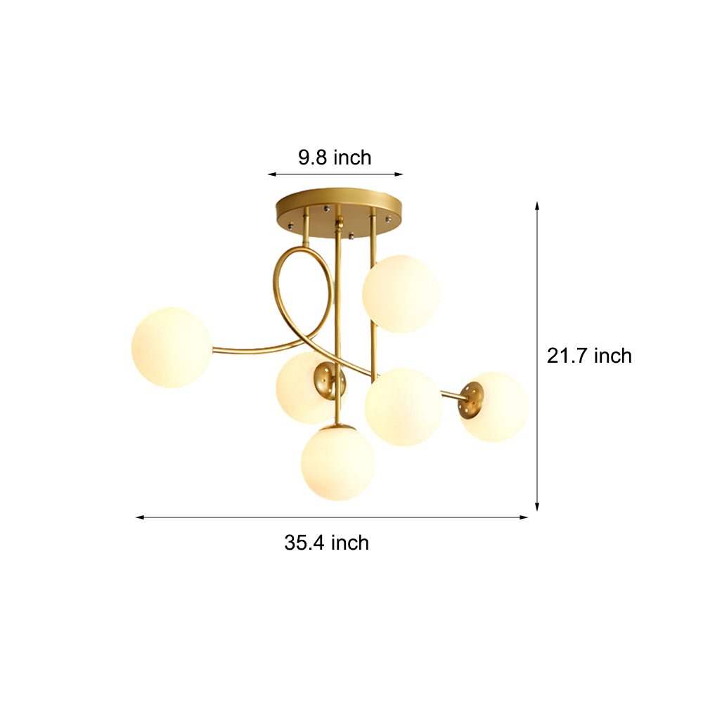 Modern 6 - Light Gold/Black Semi - Flush Mount Chandelier with Glass Shade