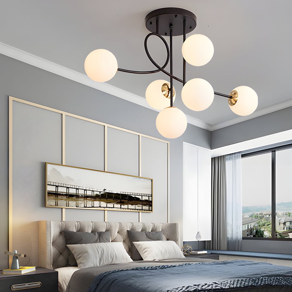 Modern 6 - Light Gold/Black Semi - Flush Mount Chandelier with Glass Shade