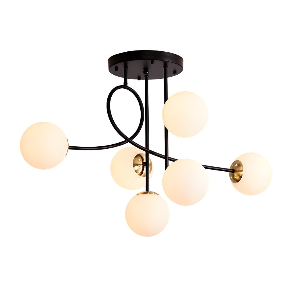 Modern 6 - Light Gold/Black Semi - Flush Mount Chandelier with Glass Shade
