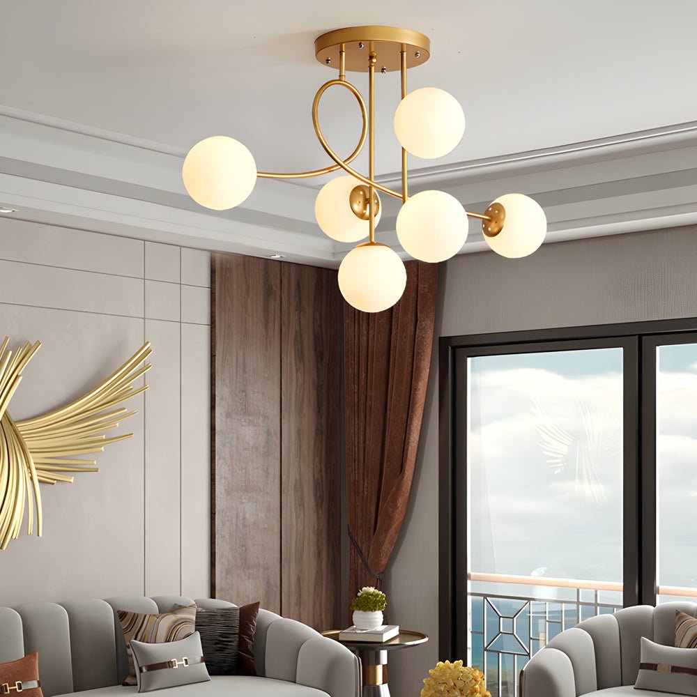 Modern 6 - Light Gold/Black Semi - Flush Mount Chandelier with Glass Shade